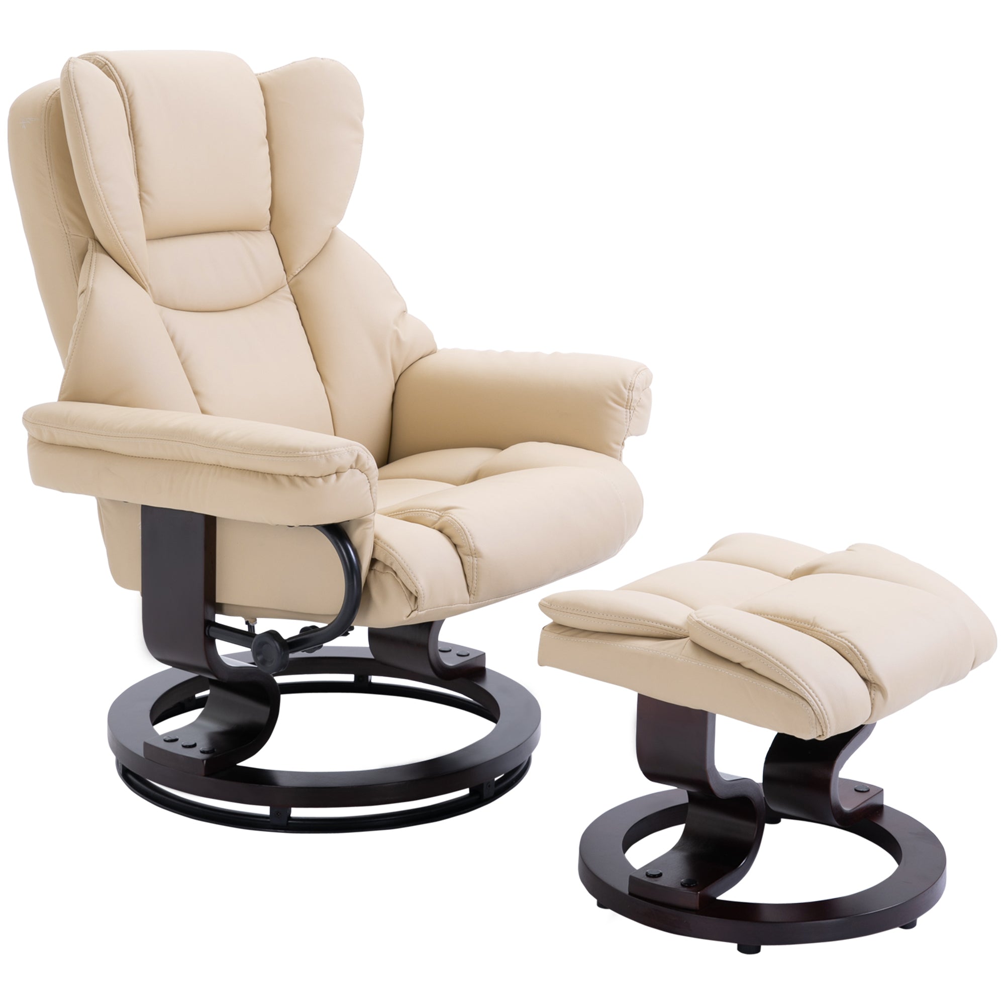 HOMCOM 360° Swivel Recliner Chair with Footstool, PU Leather Manual Recliner Armchair with Solid Wood Base, Upholstered Reclining Chair for Living Room, Bedroom, Office, Cream